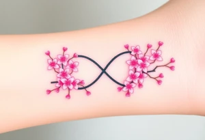 An infinity symbol with blooming cherry blossoms and hearts, in soft pink and white tones tattoo idea