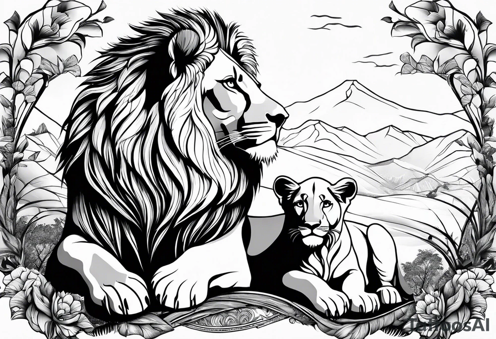 shoulder sleeve with lion and cub, landscape background tattoo idea