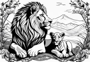 shoulder sleeve with lion and cub, landscape background tattoo idea