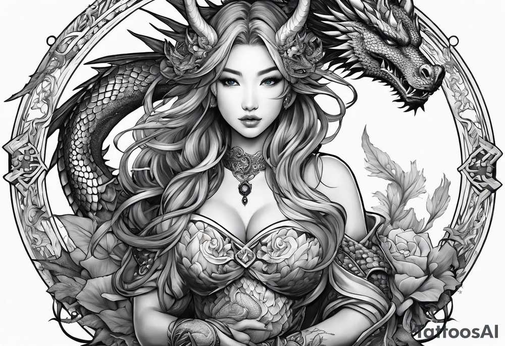 beautiful warrior nymph with dragon wings and dragon friends tattoo idea