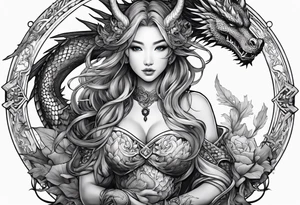 beautiful warrior nymph with dragon wings and dragon friends tattoo idea