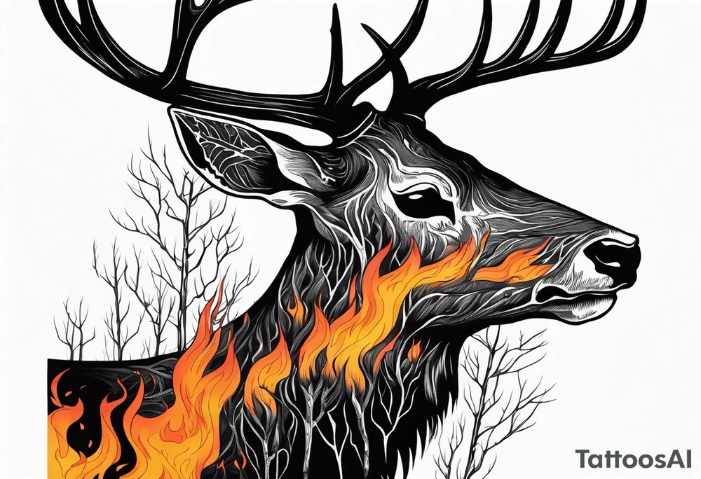 side profile of a DECAYING deer skull JUST BONE supernatural cannibal surrounded by a flames and trees tattoo idea