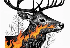 side profile of a DECAYING deer skull JUST BONE supernatural cannibal surrounded by a flames and trees tattoo idea