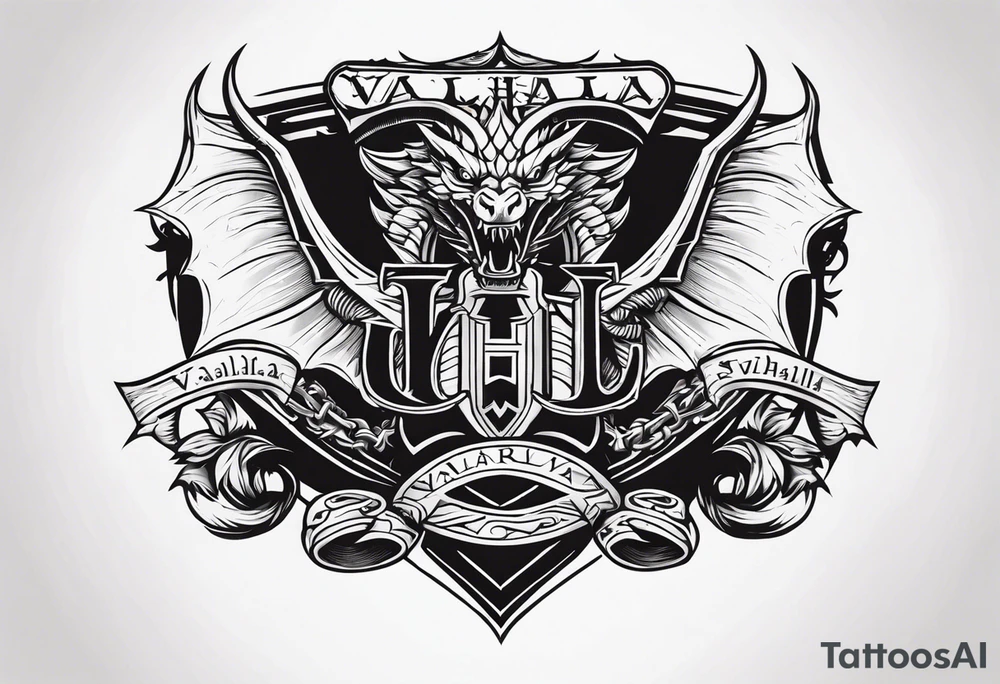 Valhalla sword shield dragon axe tattoo idea