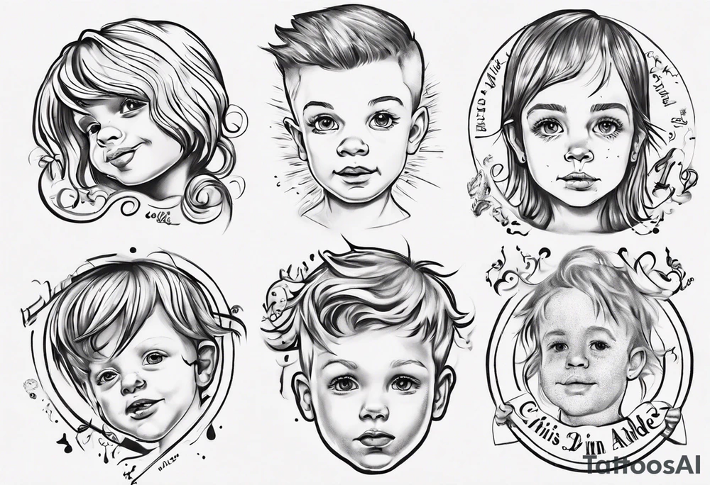 tattoo with names of kids, the names are Chris André, he is a boy and he is born 23. April 2016, and the other kid is named Emilie, she is a girl and is born 27. march 2021. tattoo idea