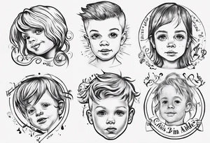 tattoo with names of kids, the names are Chris André, he is a boy and he is born 23. April 2016, and the other kid is named Emilie, she is a girl and is born 27. march 2021. tattoo idea