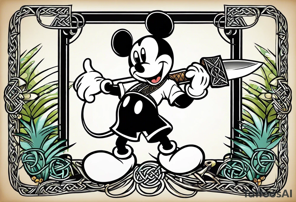 mickey mouse holding a kriss knife in one hand and a rattan stick in the other hand with palm trees and the celtic symbol for family tattoo idea