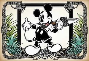 mickey mouse holding a kriss knife in one hand and a rattan stick in the other hand with palm trees and the celtic symbol for family tattoo idea