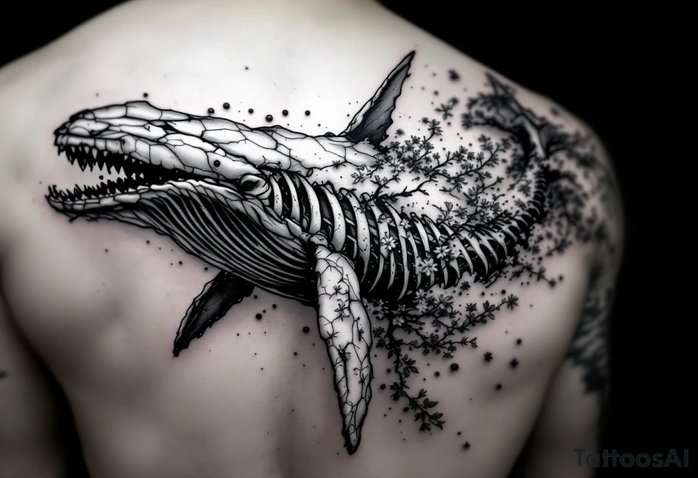 idea is basically a whale that's damaged and torn exposing the skeletal innerts, but it's still fiercely moving forward as hard as it can. generate one with elements of attack on titan and demon slayer and spirited away. black and white with dark contrasts, focus cherry blossoms, waves and fire tattoo idea