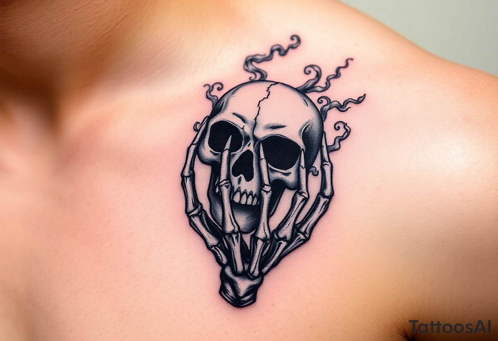 A skeletal hand holding a cracked Death Eater mask, with mist swirling around it, symbolizing secrecy and power tattoo idea