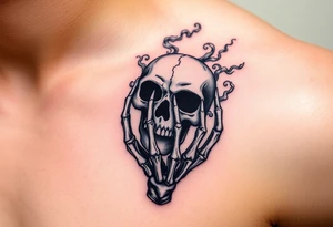 A skeletal hand holding a cracked Death Eater mask, with mist swirling around it, symbolizing secrecy and power tattoo idea