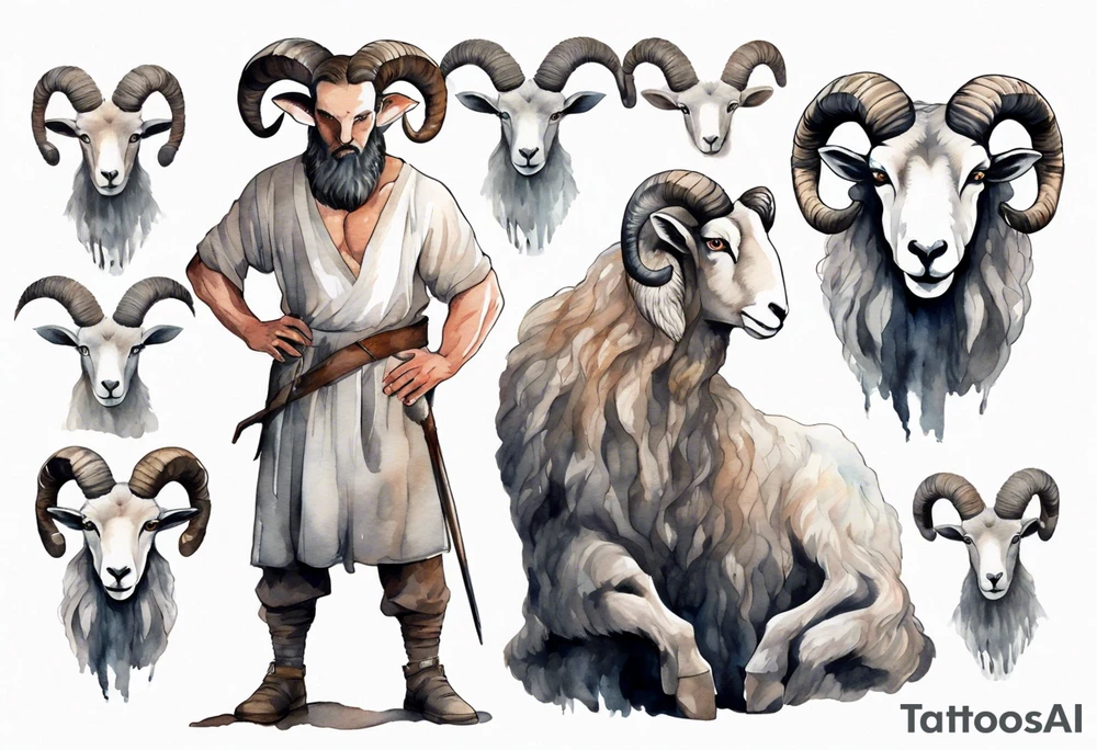 a solitary broad-shouldered man with the head of a big-horned sheep, wearing a grey tunic standing before a cave tattoo idea