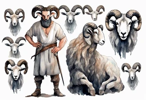 a solitary broad-shouldered man with the head of a big-horned sheep, wearing a grey tunic standing before a cave tattoo idea