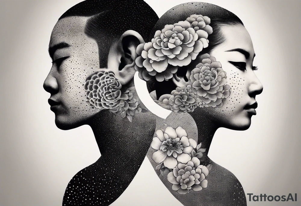 two naked humans with bold heads carving each another with tools. japanese clouds around tattoo idea
