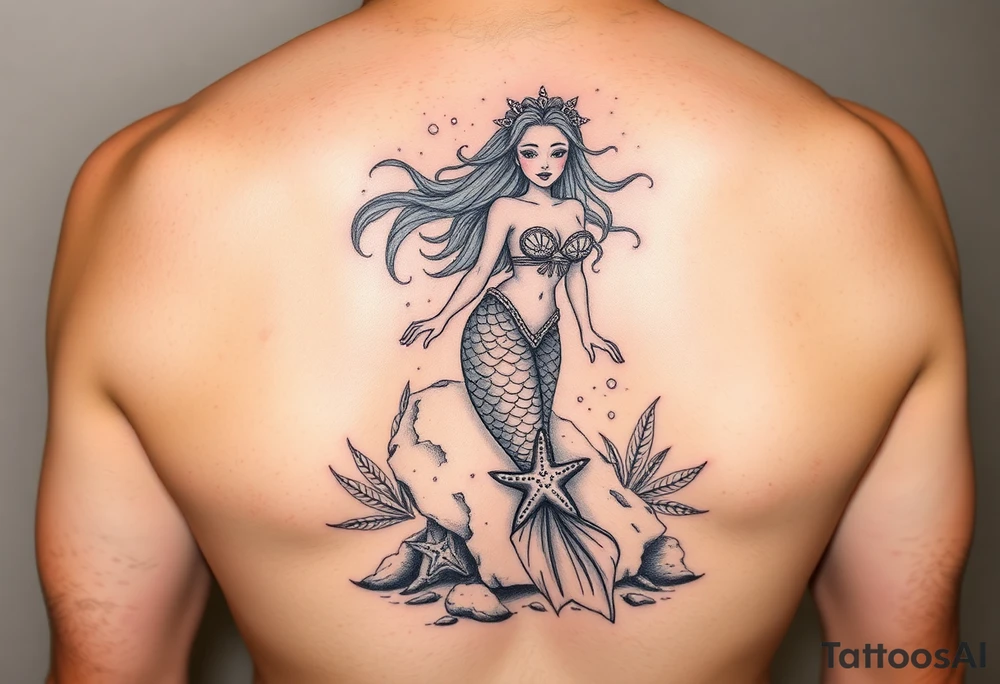 Beautiful mermaid on a rock with rainbow with a sea star bra and rainbow hair in a lagoon tattoo idea