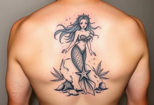 Beautiful mermaid on a rock with rainbow with a sea star bra and rainbow hair in a lagoon tattoo idea