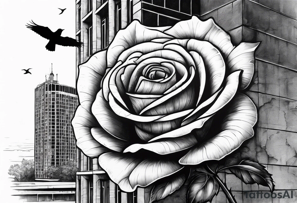 Rose growing from concrete with a 6 floor building in the background with 1570 address. Have clouds in the background with birds flying tattoo idea