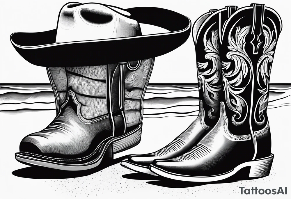 A pair of mens boots, a pair of womens flip flops and a cowboyhat on the Beach. Keep it simple tattoo idea