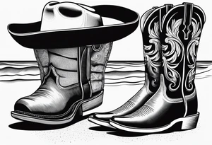 A pair of mens boots, a pair of womens flip flops and a cowboyhat on the Beach. Keep it simple tattoo idea