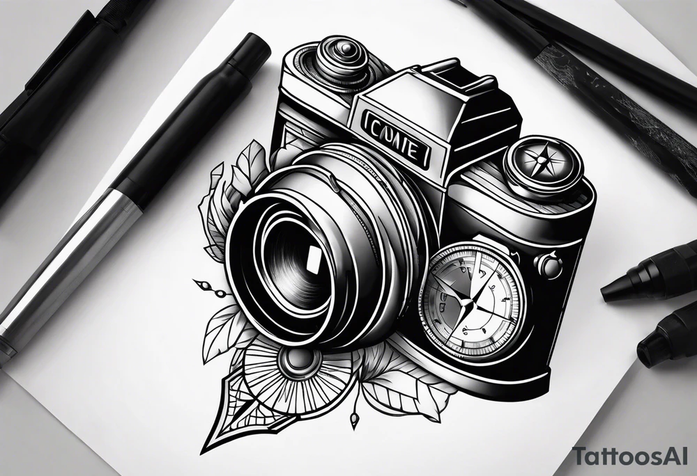 camera and compass combined tattoo idea