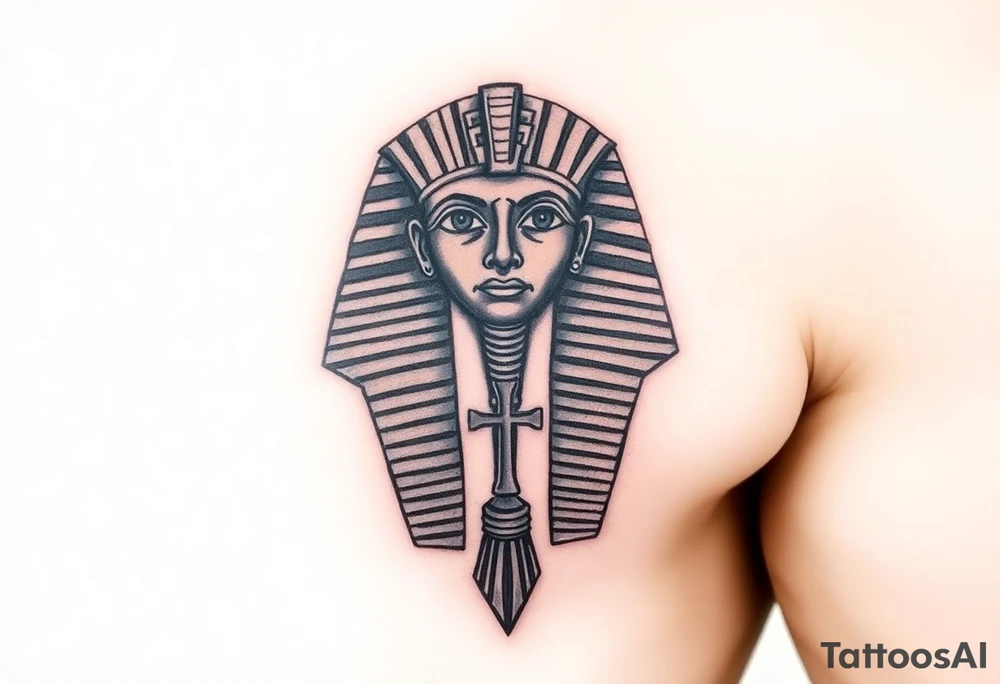 A Pharaoh’s Mask with a Hidden Christian Symbol – Like a subtle cross or Bible verse woven into the design. tattoo idea