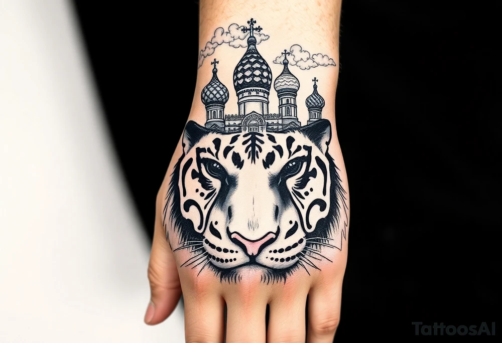 Realistic tiger face on the back of the hand with strong contrast and fine detail with its eyes completely black. with a highly detailed Russian Orthodox cathedral sitting above on fore arm with onion domes and orthodox crosses, done in fine line, engraving-like style. Cohesive composition, black ink only, no color, high contrast, slightly aged, documentary-style, plain light background. with clouds above and a virgin mary 
spanning from my hand to lower fore arm tattoo idea