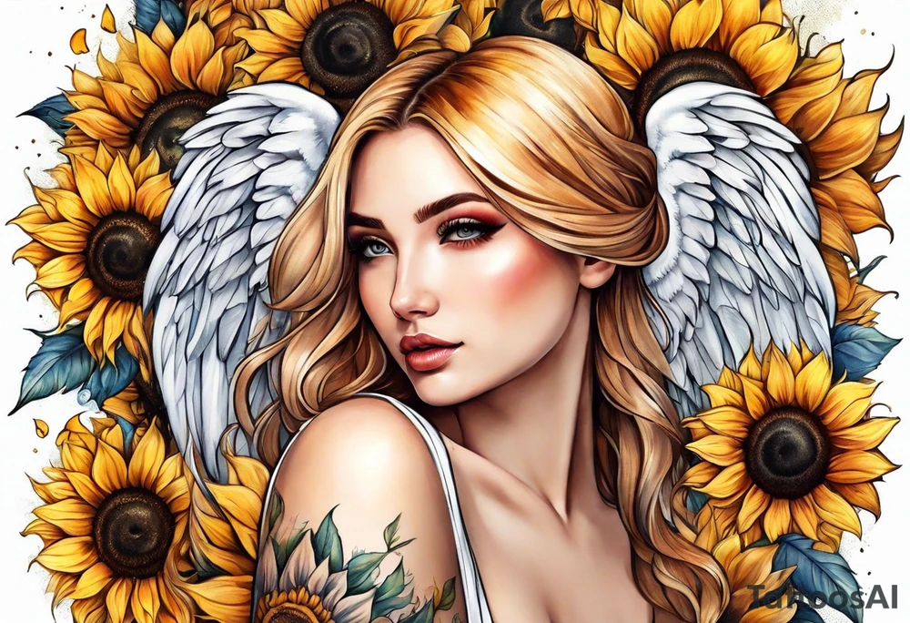 Sunflowers and angel wings leg sleeve tattoo idea