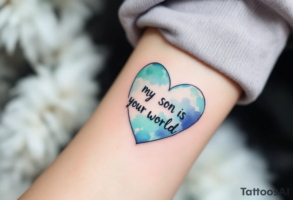 A watercolor heart filled with sky blue and mint green, with the words “My Son Is My World” in black ink. tattoo idea