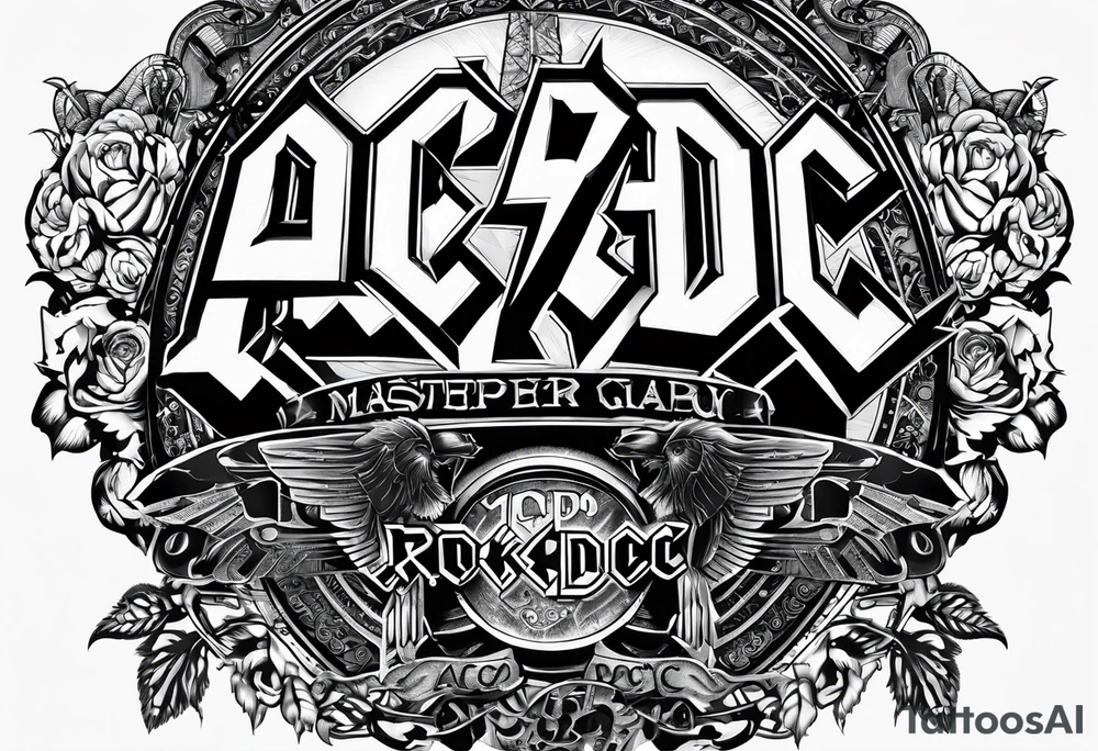 An image that represents the rock band ac/dc. Lyrics from their songs will be behind the image and act as a background tattoo idea