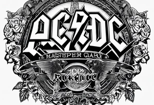 An image that represents the rock band ac/dc. Lyrics from their songs will be behind the image and act as a background tattoo idea