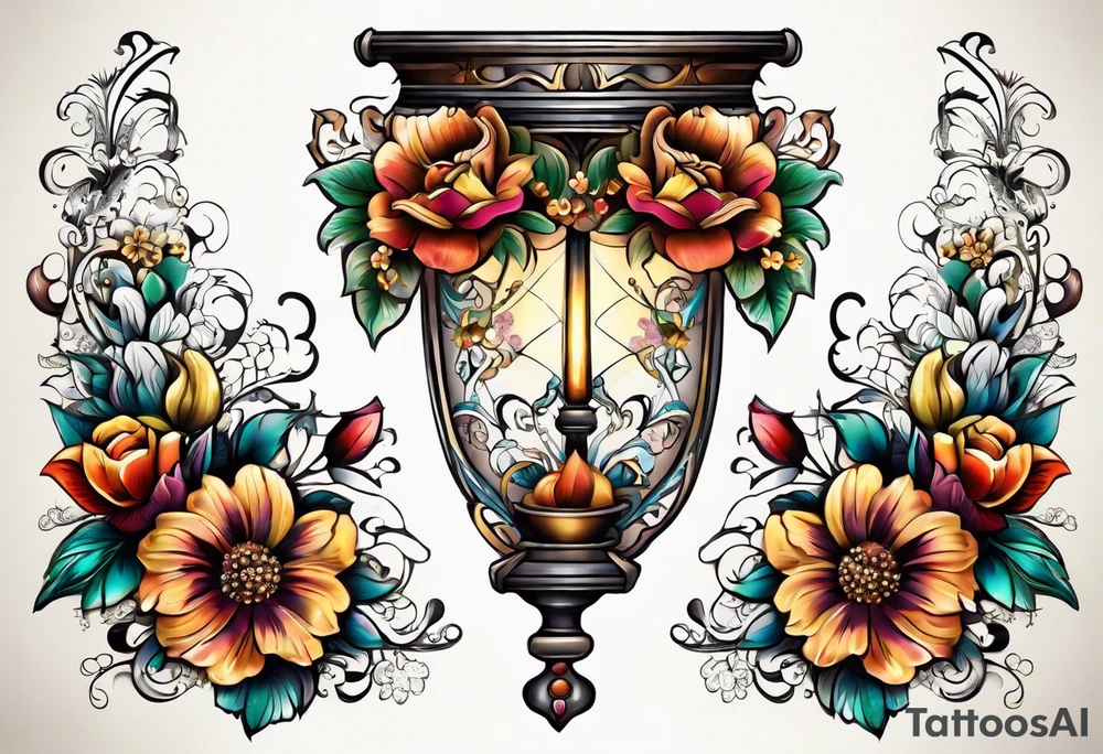 Floral leg piece with beading and lace tattoo idea. colorful, old school flowers, highly detailed, florals. white background. beautiful hourglass at the center, intricate highly detailed, tattoo idea