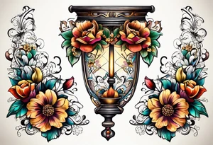 Floral leg piece with beading and lace tattoo idea. colorful, old school flowers, highly detailed, florals. white background. beautiful hourglass at the center, intricate highly detailed, tattoo idea