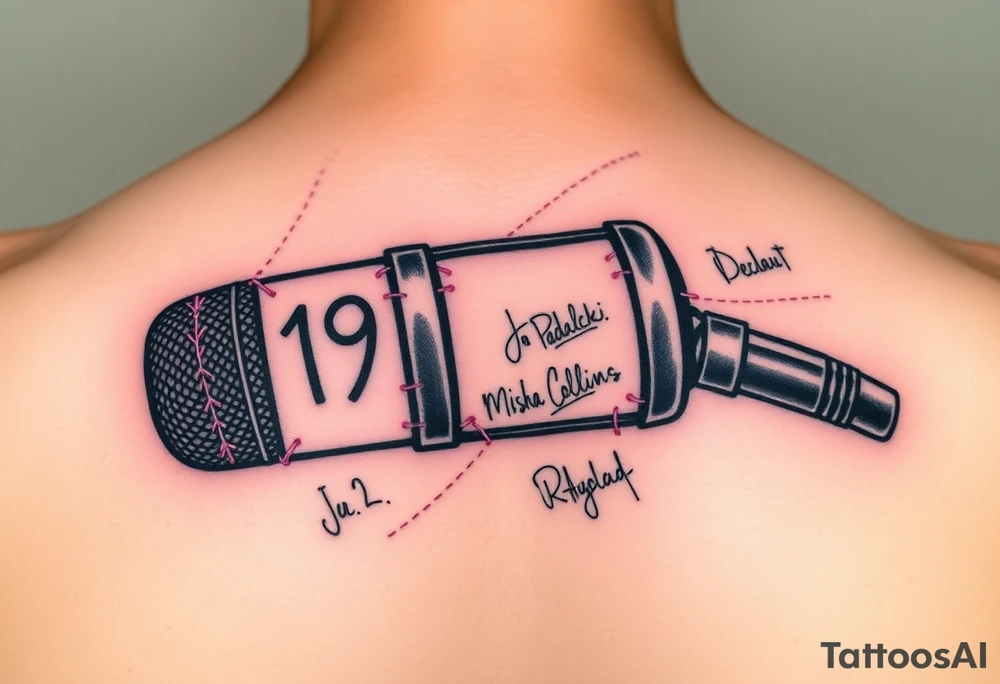 A wireless, black microphone with purple stitches holding it together. On the mouth part is the number 19. On the part where someone would hold the microphone is the autographs of Jared Padalecki, Misha Collins and Jensen Ackles tattoo idea