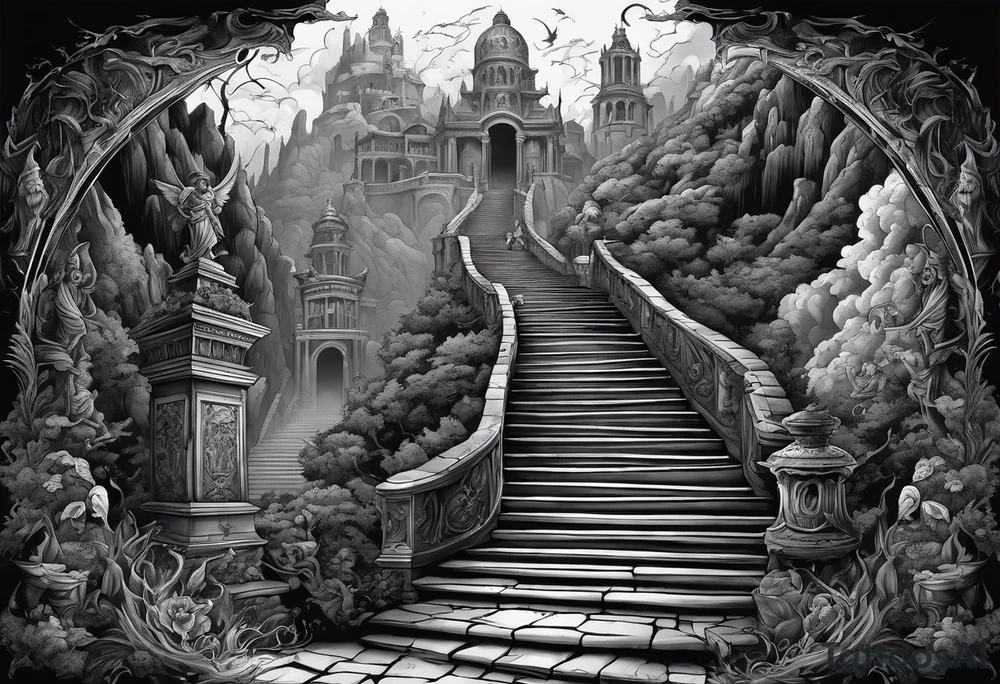 walking through the shadow valley of death with a stair case in the middle and angel at the top of the stairs and lots of demons  surrounding the staircase tattoo idea