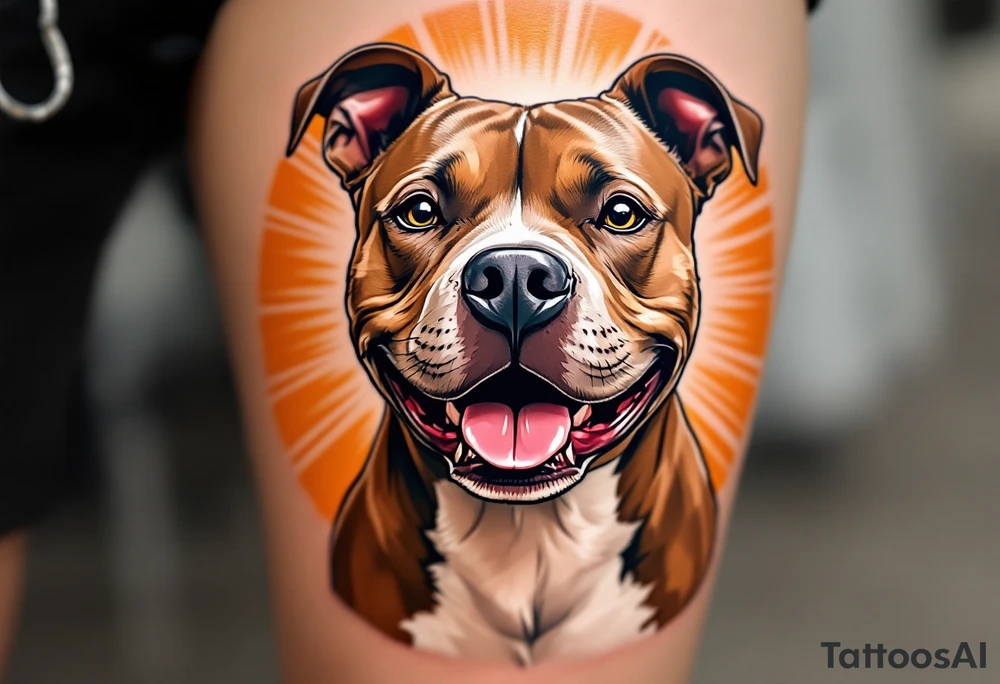 Portrait of a smiling pitbull, soft brown fur and white chest, playful expression, set against a sunburst background in warm orange tones. tattoo idea