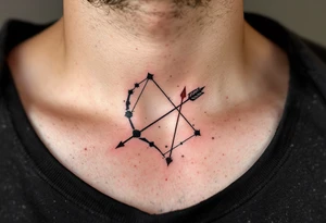 A fine-line Sagittarius star constellation tattoo with a bold red arrow shooting across the stars on the ribcage. tattoo idea