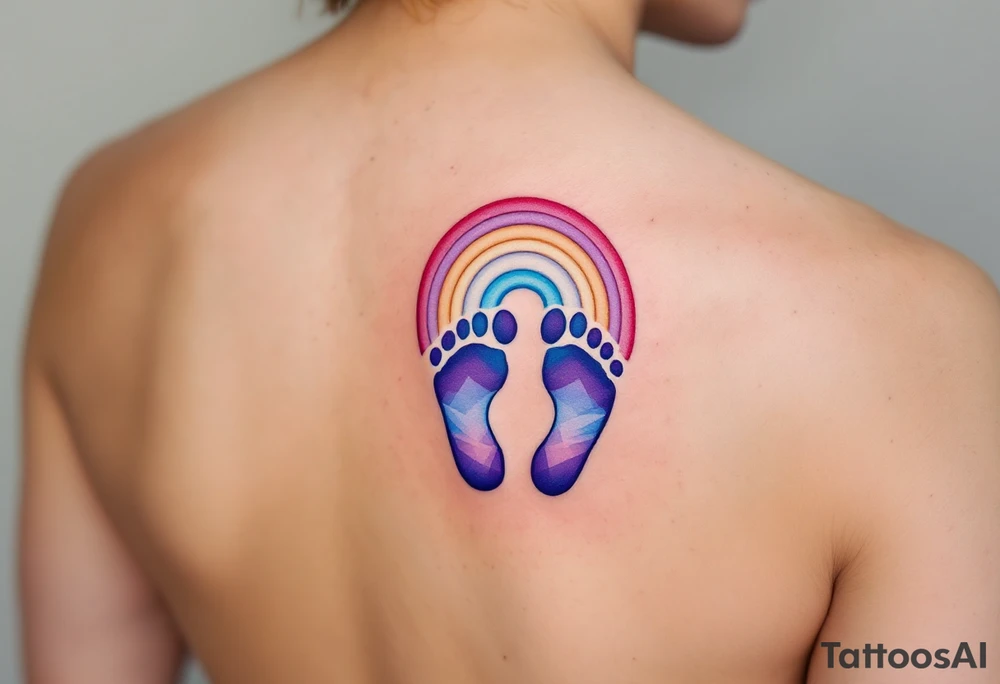 Bright purple and light blue footprints of Anna, surrounded by a small rainbow arching over them, symbolizing hope and joy. tattoo idea