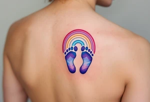 Bright purple and light blue footprints of Anna, surrounded by a small rainbow arching over them, symbolizing hope and joy. tattoo idea