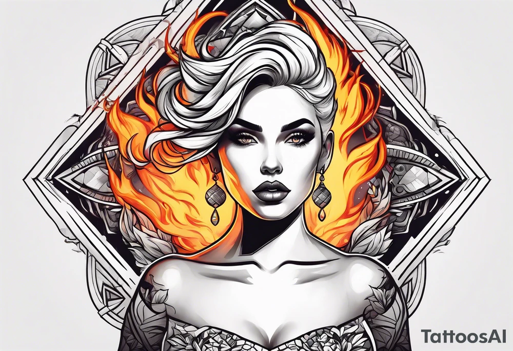 Woman holding fiery ball above her head tattoo idea