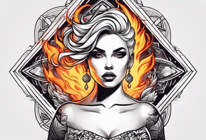 Woman holding fiery ball above her head tattoo idea