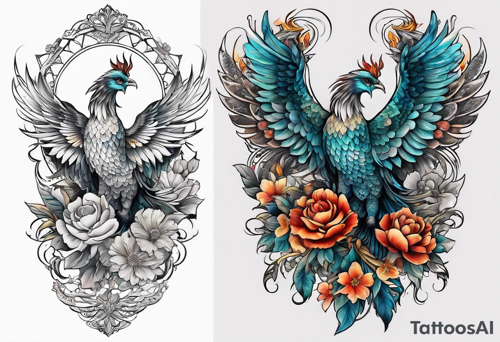 Sleeve with blind Themis and Phoenix with flowers tattoo idea