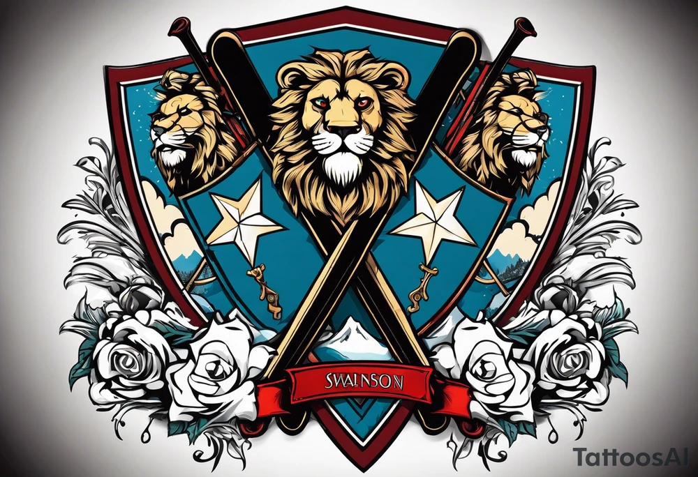 snow skis crossed like an x with a shield in front of them and the swanson crest on the shield being held up by two lions on the left and right side tattoo idea
