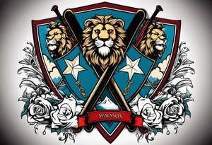 snow skis crossed like an x with a shield in front of them and the swanson crest on the shield being held up by two lions on the left and right side tattoo idea