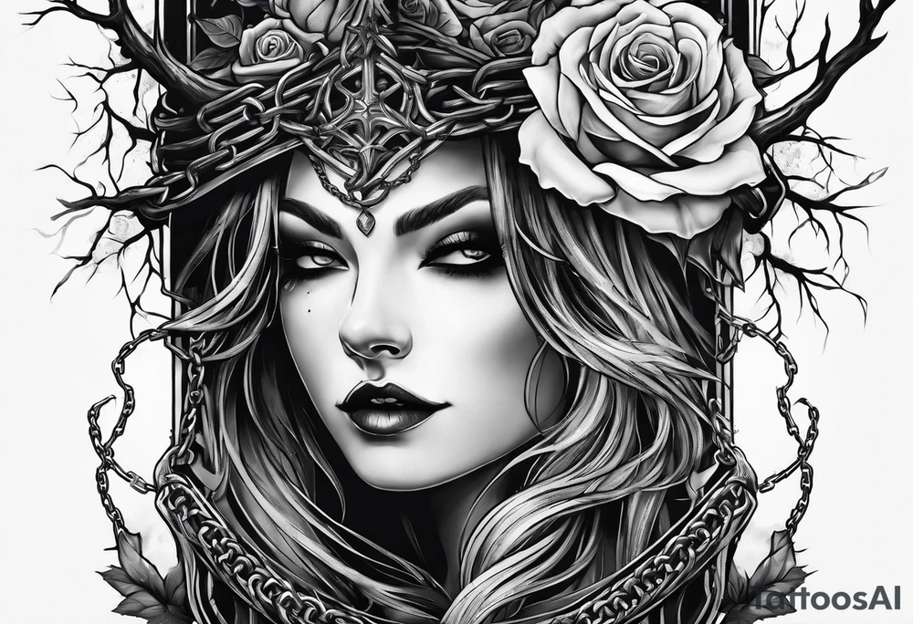 tattoo fool sleeve, dark gothic castle, tree roots break out of the chains, broken mask, roses tattoo idea