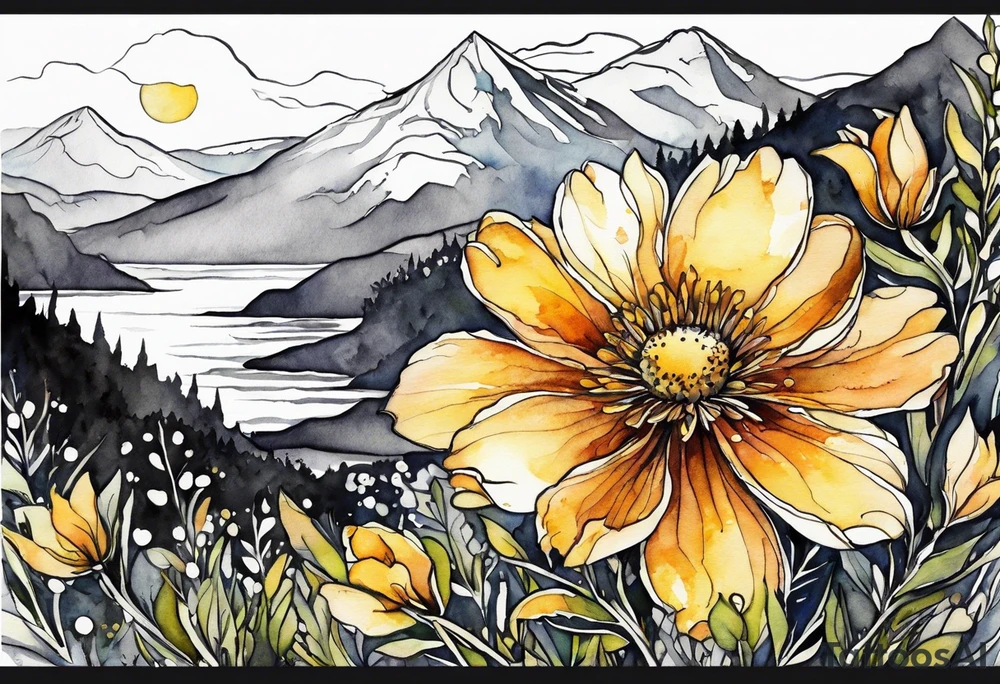4-6in in length line - wildflower in watercolor represents overcoming challenges & strength - mountains, waves with a little sunshine tattoo idea