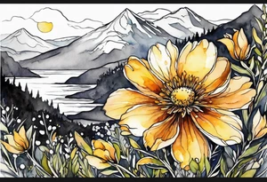 4-6in in length line - wildflower in watercolor represents overcoming challenges & strength - mountains, waves with a little sunshine tattoo idea