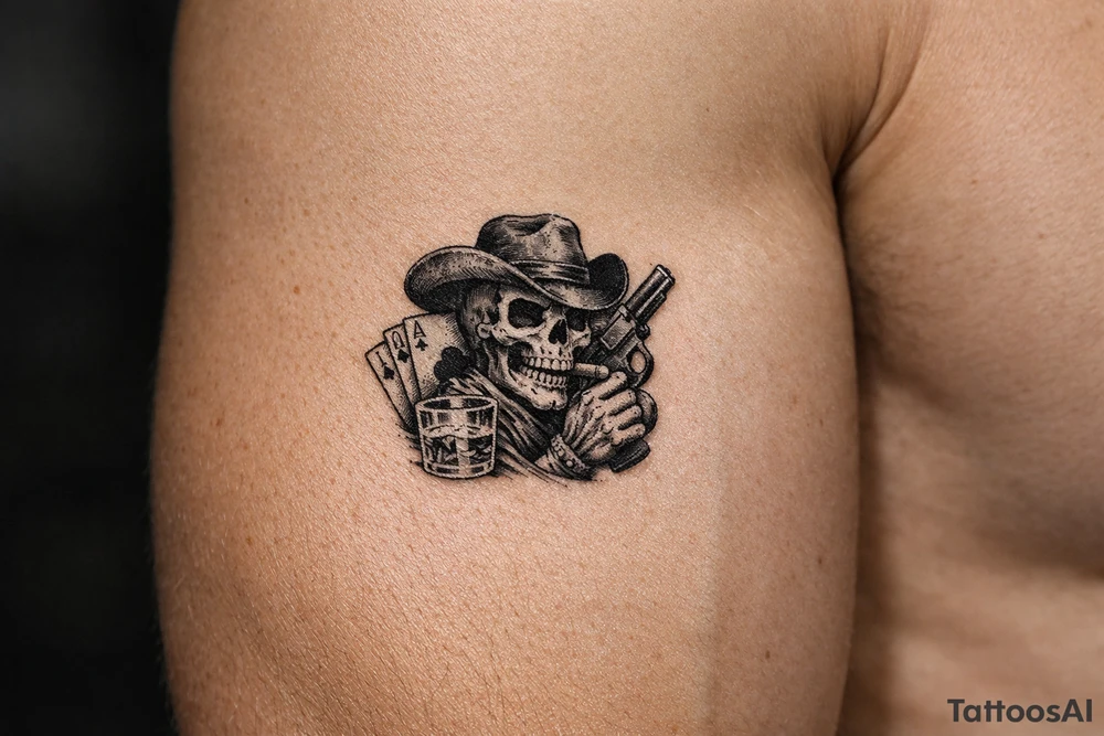 skull with cowboy-hat, cigar in his mouth, a gun in a hand, playing cards, whiskey-glass. tattoo idea