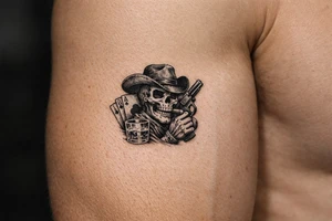 skull with cowboy-hat, cigar in his mouth, a gun in a hand, playing cards, whiskey-glass. tattoo idea