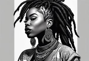 african woamn with dread locks and un glasses with money in her mouth tattoo idea