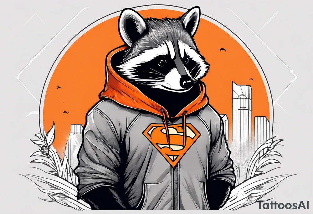 Raccoon wearing an orange Superman hoodie tattoo idea